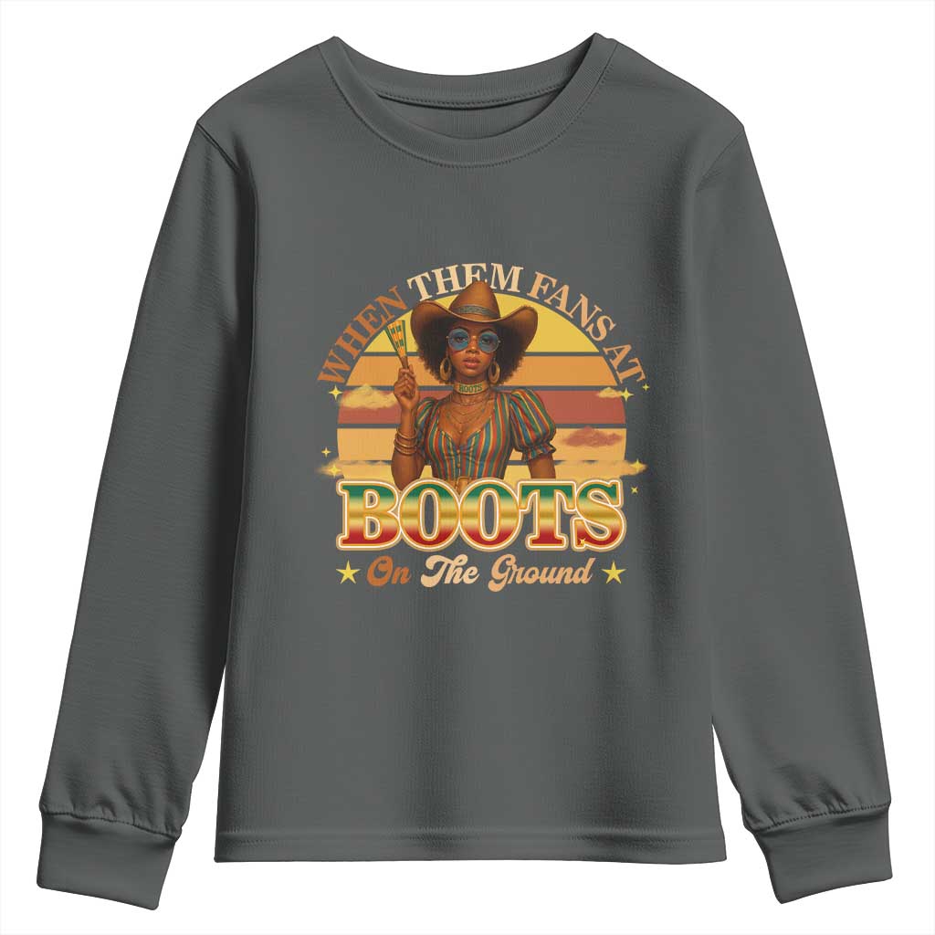 Black Cowgirl Afro Rodeo Youth Sweatshirt Where Them Fans At Boots On Da Ground - African Pride