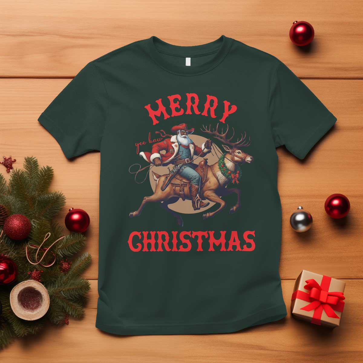 Black Santa Claus T Shirt African American Cowboy Christmas - African Pride