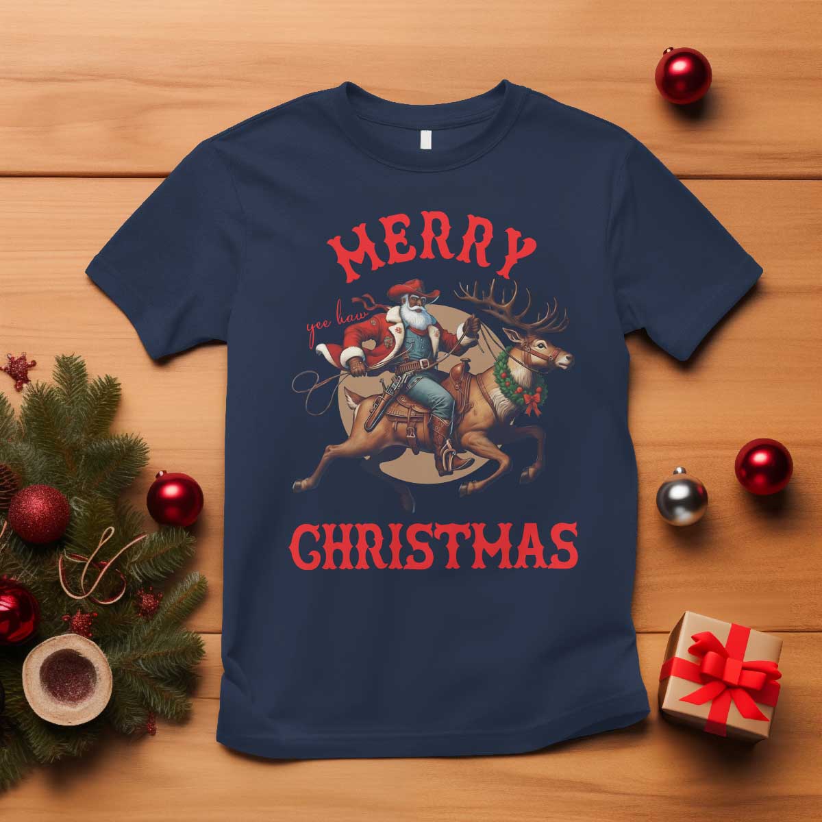 Black Santa Claus T Shirt African American Cowboy Christmas - African Pride