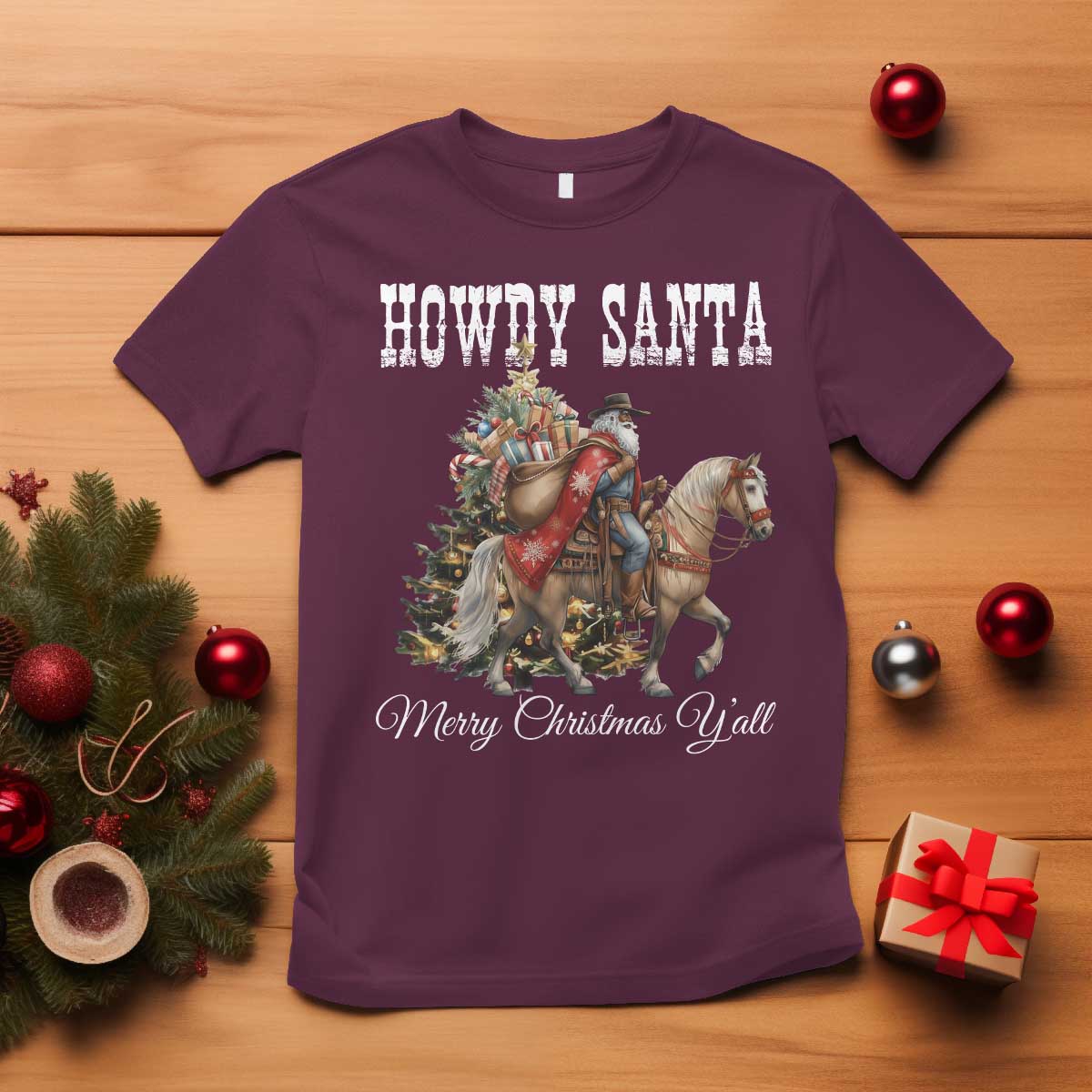Black Santa Christmas T Shirt African American Western Cowboy - African Pride