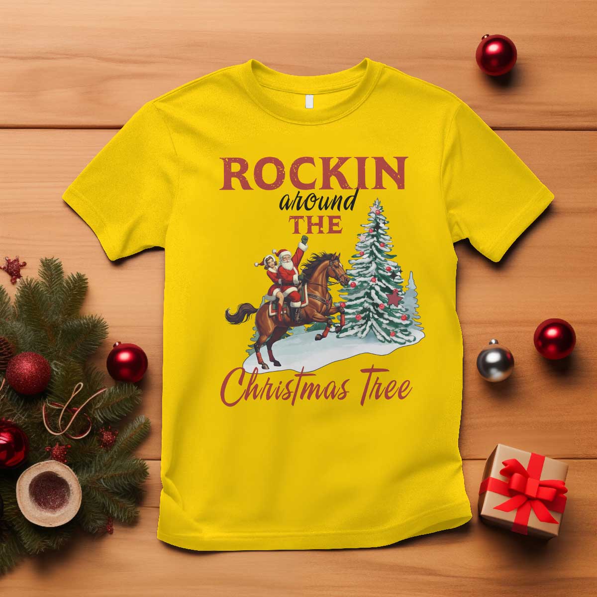 Cowboy Santa Western Christmas T Shirt Rockin Around The Xmas Tree - African Pride